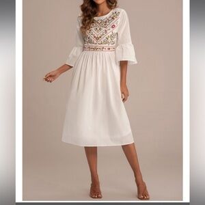 Round Neck White Bell Sleeve Embroidery Midi Dress